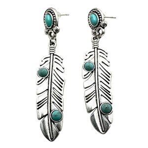 Western Style Silver Tone Feather Pierced Earrings Blue Faux Turquoise 2 Inch